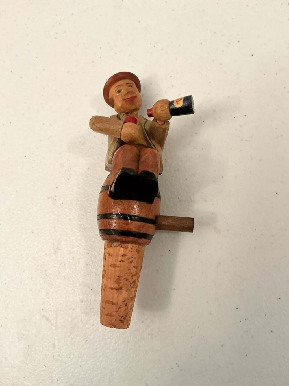 Vintage ANRI Hand Carved Wooden Man on Barrel Mechanical Bottle Stopper
